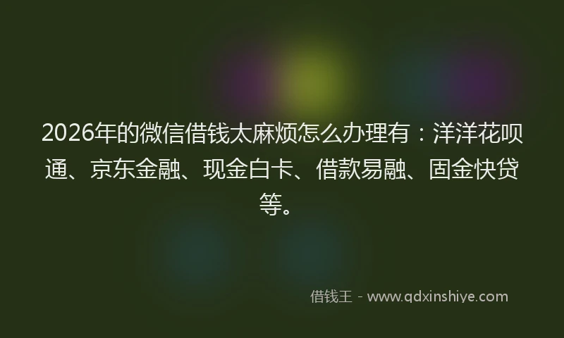 2026年的微信借钱太麻烦怎么办理有：洋洋花呗通、京东金融、现金白卡、借款易融、固金快贷等。