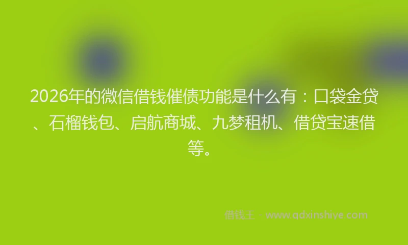2026年的微信借钱催债功能是什么有：口袋金贷、石榴钱包、启航商城、九梦租机、借贷宝速借等。