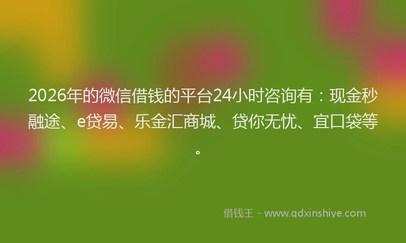 2026年的微信借钱的平台24小时咨询有：现金秒融途、e贷易、乐金汇商城、贷你无忧、宜口袋等。