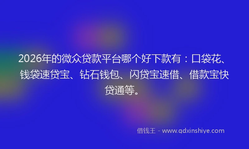 2026年的微众贷款平台哪个好下款有：口袋花、钱袋速贷宝、钻石钱包、闪贷宝速借、借款宝快贷通等。