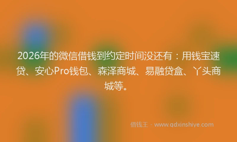 2026年的微信借钱到约定时间没还有：用钱宝速贷、安心Pro钱包、森泽商城、易融贷盒、丫头商城等。