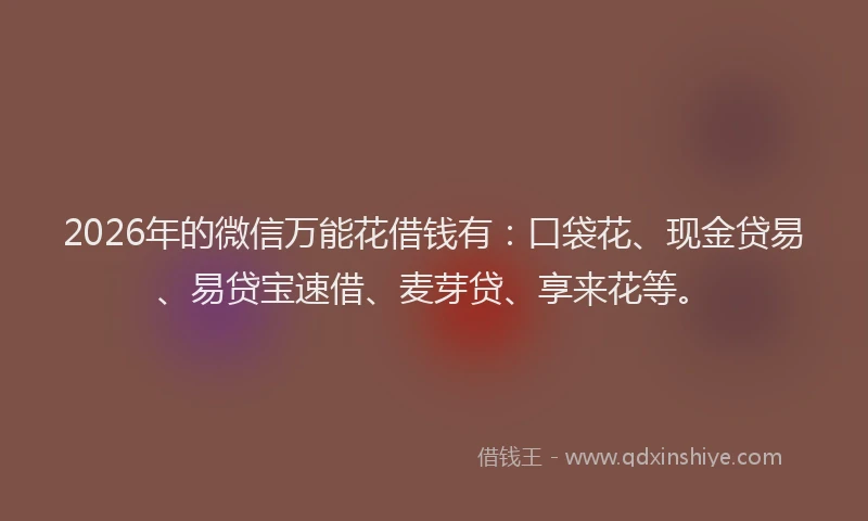 2026年的微信万能花借钱有：口袋花、现金贷易、易贷宝速借、麦芽贷、享来花等。