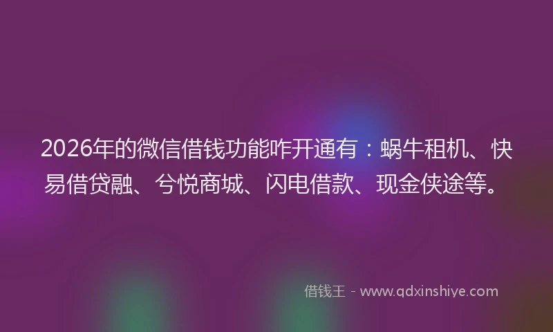 2026年的微信借钱功能咋开通有：蜗牛租机、快易借贷融、兮悦商城、闪电借款、现金侠途等。