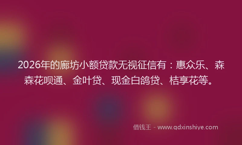 2026年的廊坊小额贷款无视征信有：惠众乐、森森花呗通、金叶贷、现金白鸽贷、桔享花等。