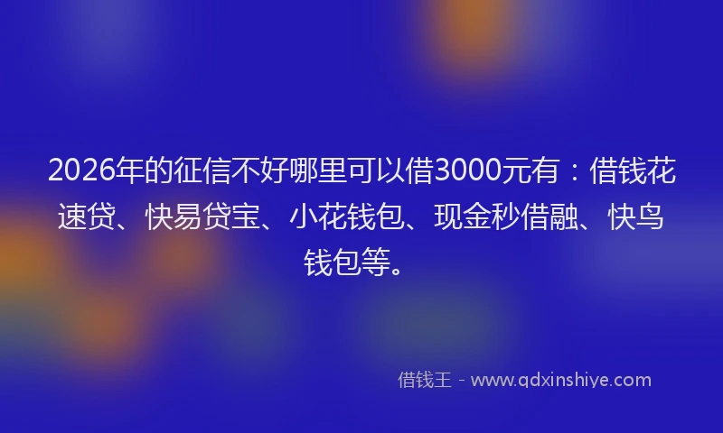 2026年的征信不好哪里可以借3000元有：借钱花速贷、快易贷宝、小花钱包、现金秒借融、快鸟钱包等。