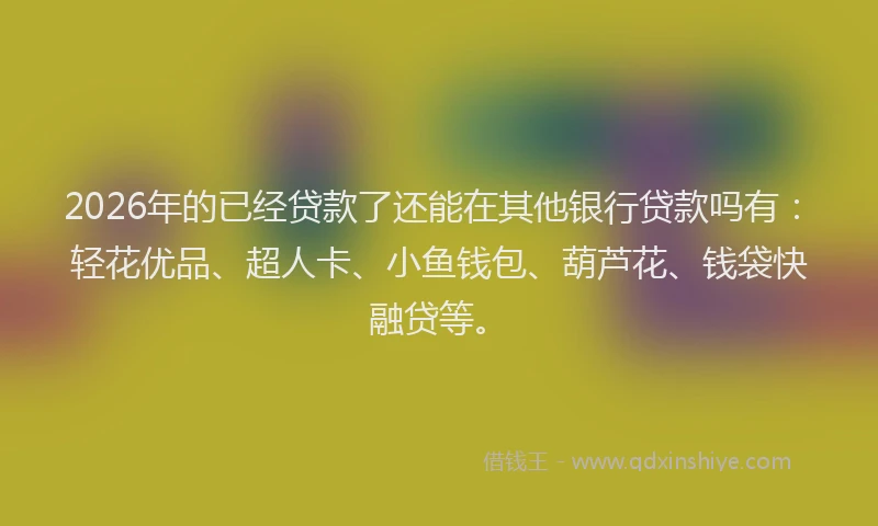 2026年的已经贷款了还能在其他银行贷款吗有：轻花优品、超人卡、小鱼钱包、葫芦花、钱袋快融贷等。
