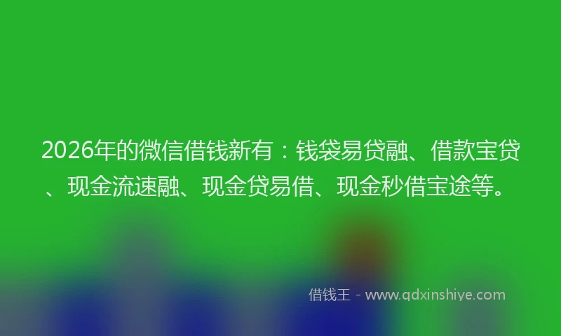 2026年的微信借钱新有：钱袋易贷融、借款宝贷、现金流速融、现金贷易借、现金秒借宝途等。