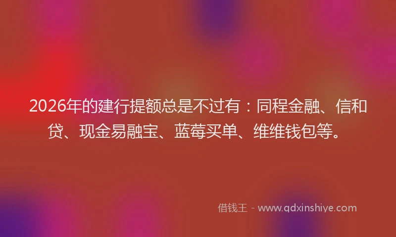 2026年的建行提额总是不过有：同程金融、信和贷、现金易融宝、蓝莓买单、维维钱包等。