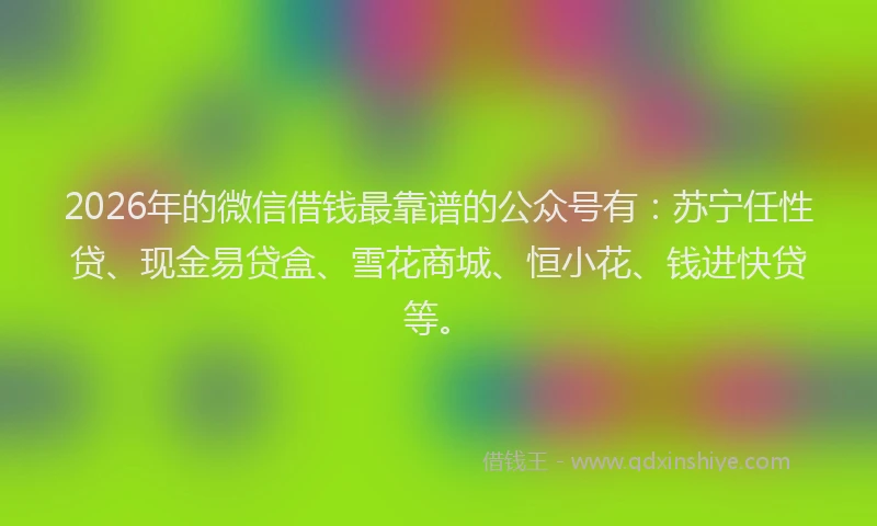 2026年的微信借钱最靠谱的公众号有：苏宁任性贷、现金易贷盒、雪花商城、恒小花、钱进快贷等。
