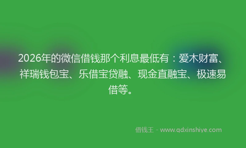 2026年的微信借钱那个利息最低有：爱木财富、祥瑞钱包宝、乐借宝贷融、现金直融宝、极速易借等。