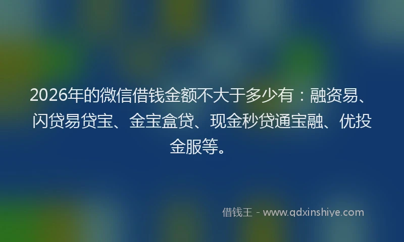 2026年的微信借钱金额不大于多少有：融资易、闪贷易贷宝、金宝盒贷、现金秒贷通宝融、优投金服等。