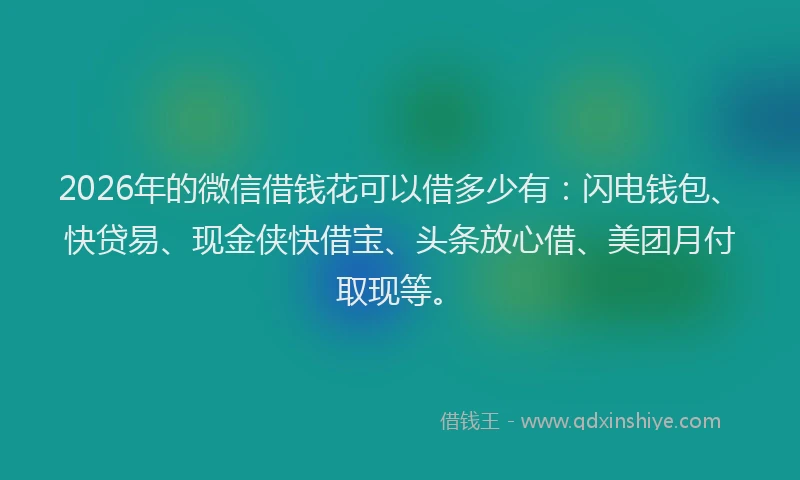 2026年的微信借钱花可以借多少有：闪电钱包、快贷易、现金侠快借宝、头条放心借、美团月付取现等。