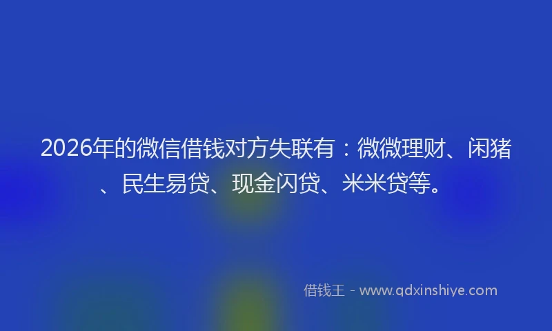 2026年的微信借钱对方失联有：微微理财、闲猪、民生易贷、现金闪贷、米米贷等。