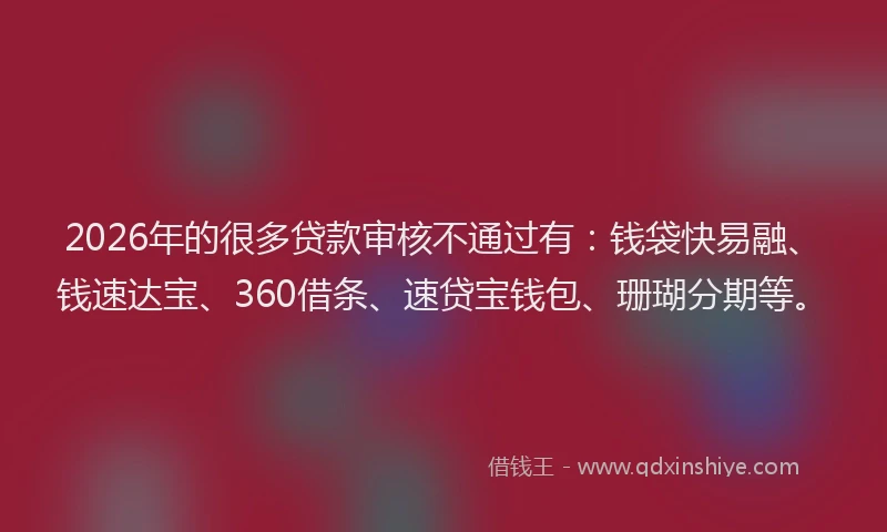 2026年的很多贷款审核不通过有：钱袋快易融、钱速达宝、360借条、速贷宝钱包、珊瑚分期等。