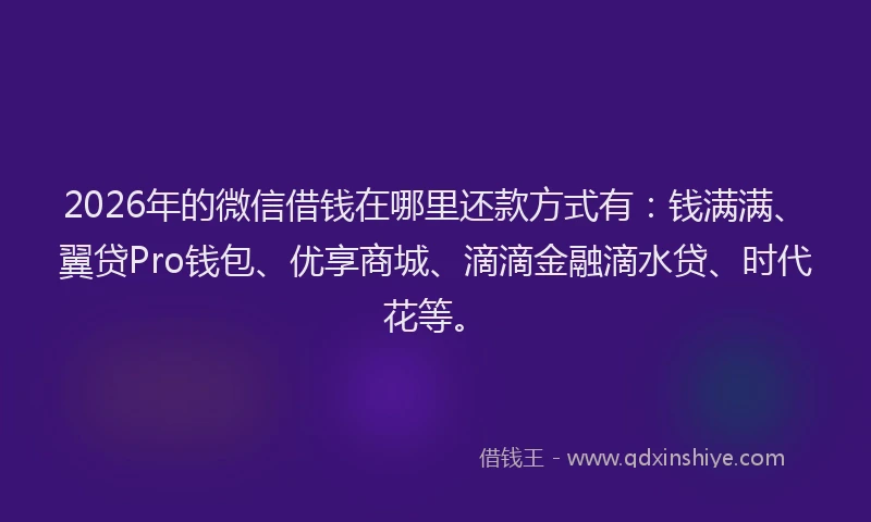 2026年的微信借钱在哪里还款方式有：钱满满、翼贷Pro钱包、优享商城、滴滴金融滴水贷、时代花等。