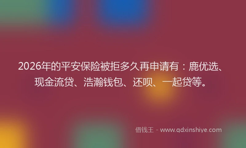 2026年的平安保险被拒多久再申请有：鹿优选、现金流贷、浩瀚钱包、还呗、一起贷等。