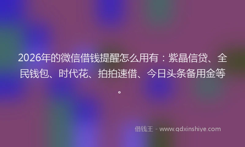 2026年的微信借钱提醒怎么用有：紫晶信贷、全民钱包、时代花、拍拍速借、今日头条备用金等。