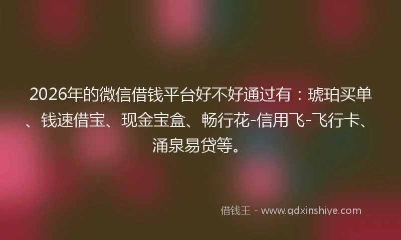 2026年的微信借钱平台好不好通过有：琥珀买单、钱速借宝、现金宝盒、畅行花-信用飞-飞行卡、涌泉易贷等。