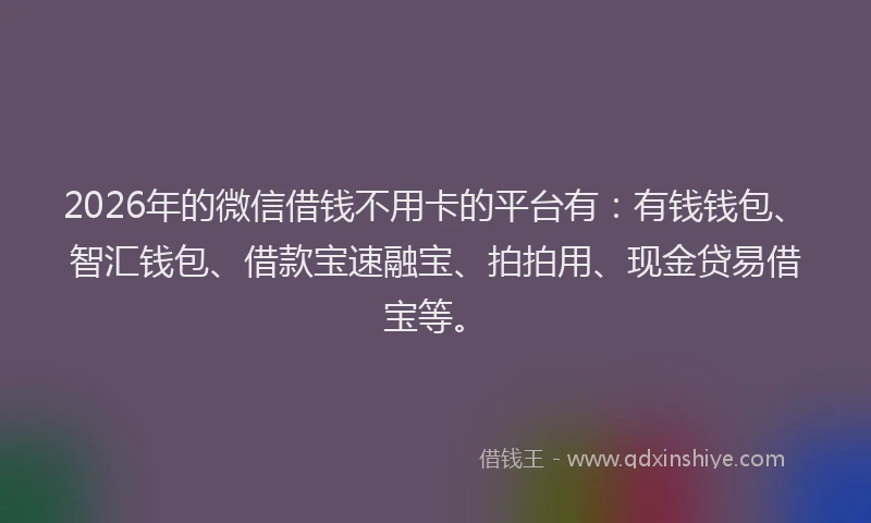 2026年的微信借钱不用卡的平台有：有钱钱包、智汇钱包、借款宝速融宝、拍拍用、现金贷易借宝等。