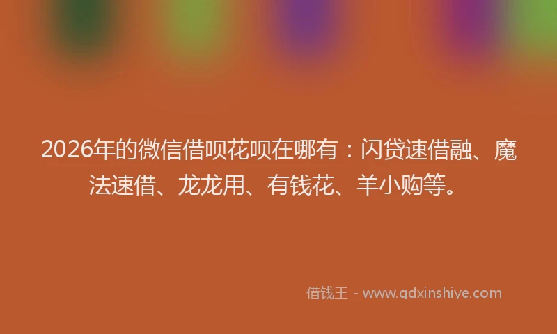2026年的微信借呗花呗在哪有：闪贷速借融、魔法速借、龙龙用、有钱花、羊小购等。
