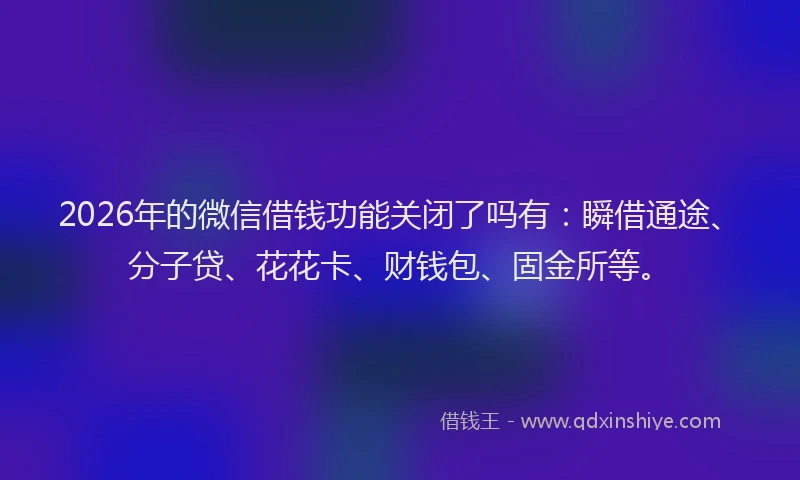 2026年的微信借钱功能关闭了吗有：瞬借通途、分子贷、花花卡、财钱包、固金所等。
