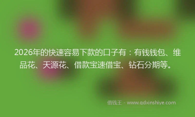 2026年的快速容易下款的口子有：有钱钱包、维品花、天源花、借款宝速借宝、钻石分期等。