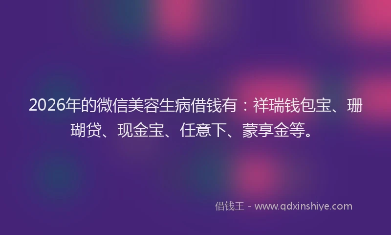 2026年的微信美容生病借钱有：祥瑞钱包宝、珊瑚贷、现金宝、任意下、蒙享金等。