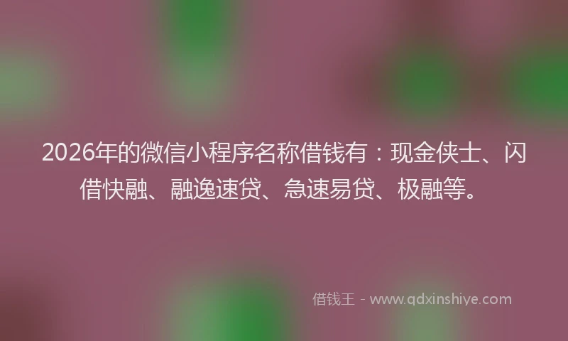 2026年的微信小程序名称借钱有：现金侠士、闪借快融、融逸速贷、急速易贷、极融等。