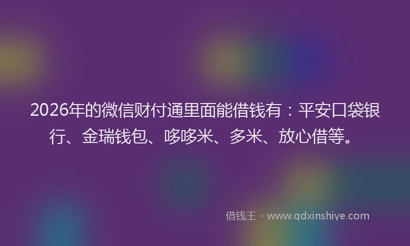 2026年的微信财付通里面能借钱有：平安口袋银行、金瑞钱包、哆哆米、多米、放心借等。