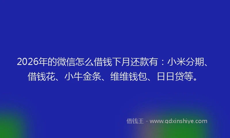 2026年的微信怎么借钱下月还款有：小米分期、借钱花、小牛金条、维维钱包、日日贷等。