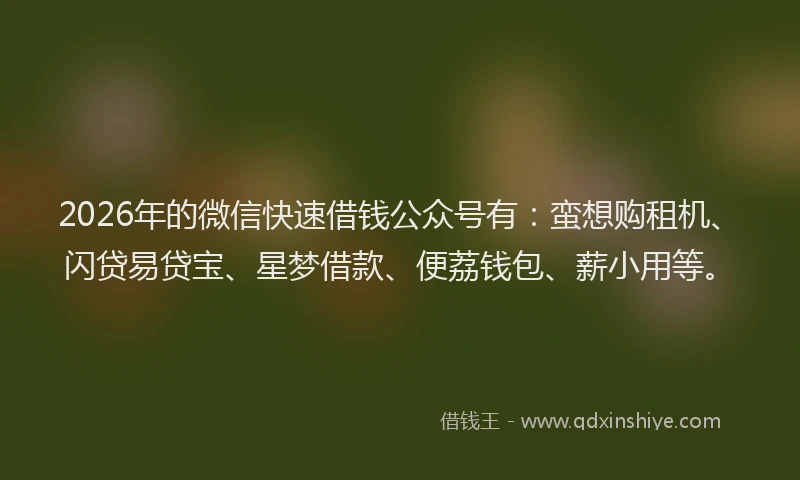 2026年的微信快速借钱公众号有：蛮想购租机、闪贷易贷宝、星梦借款、便荔钱包、薪小用等。