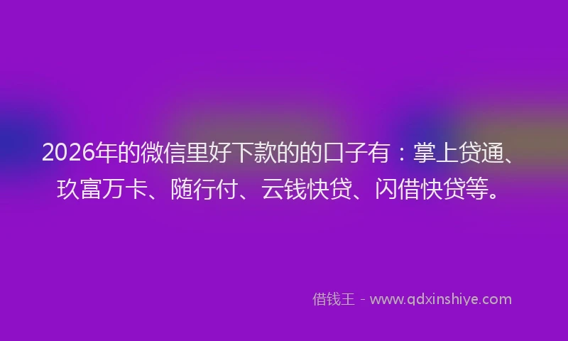 2026年的微信里好下款的的口子有：掌上贷通、玖富万卡、随行付、云钱快贷、闪借快贷等。