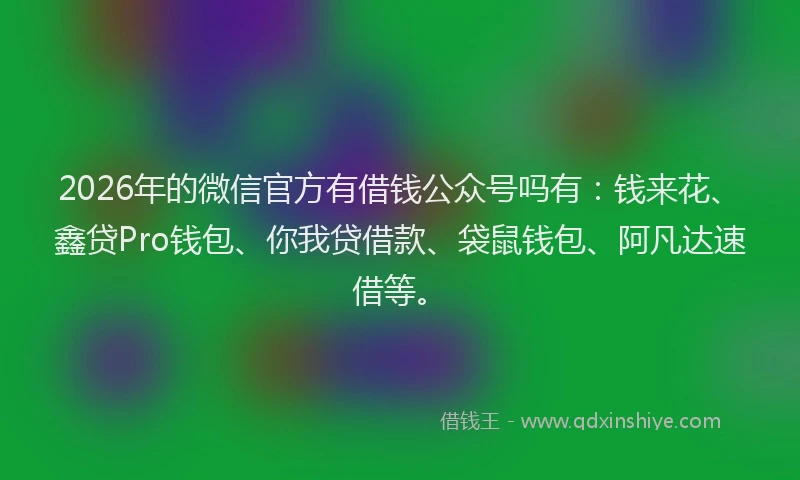 2026年的微信官方有借钱公众号吗有：钱来花、鑫贷Pro钱包、你我贷借款、袋鼠钱包、阿凡达速借等。