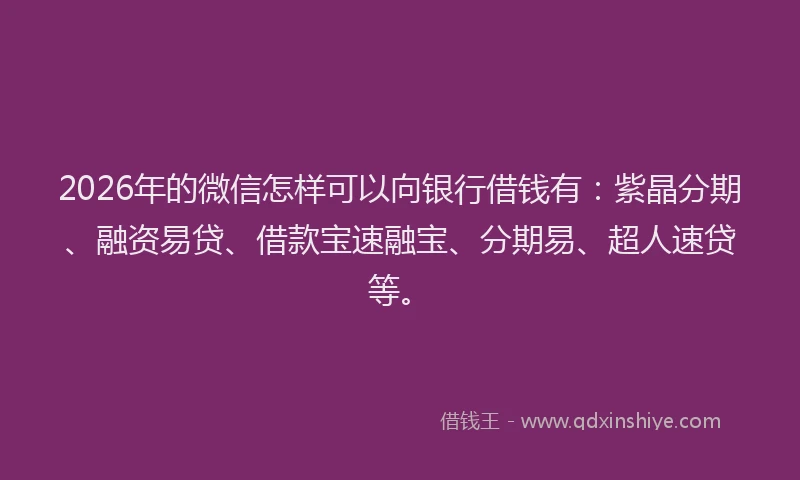 2026年的微信怎样可以向银行借钱有：紫晶分期、融资易贷、借款宝速融宝、分期易、超人速贷等。