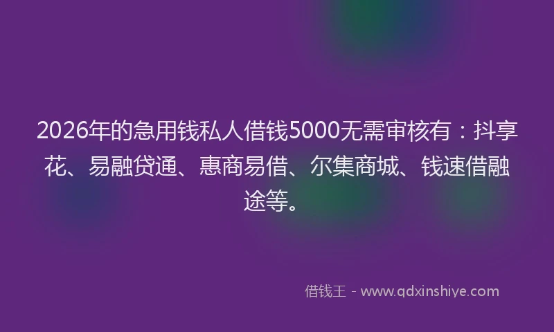 2026年的急用钱私人借钱5000无需审核有：抖享花、易融贷通、惠商易借、尔集商城、钱速借融途等。