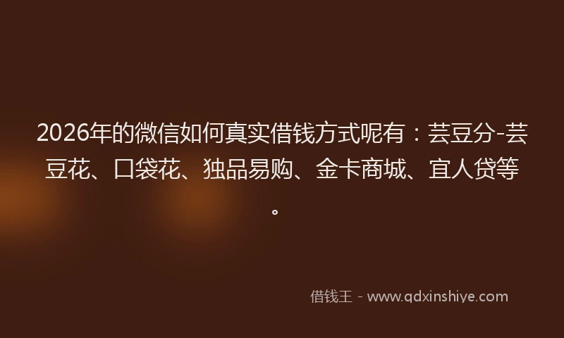 2026年的微信如何真实借钱方式呢有：芸豆分-芸豆花、口袋花、独品易购、金卡商城、宜人贷等。