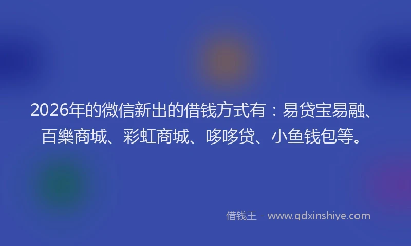 2026年的微信新出的借钱方式有：易贷宝易融、百樂商城、彩虹商城、哆哆贷、小鱼钱包等。