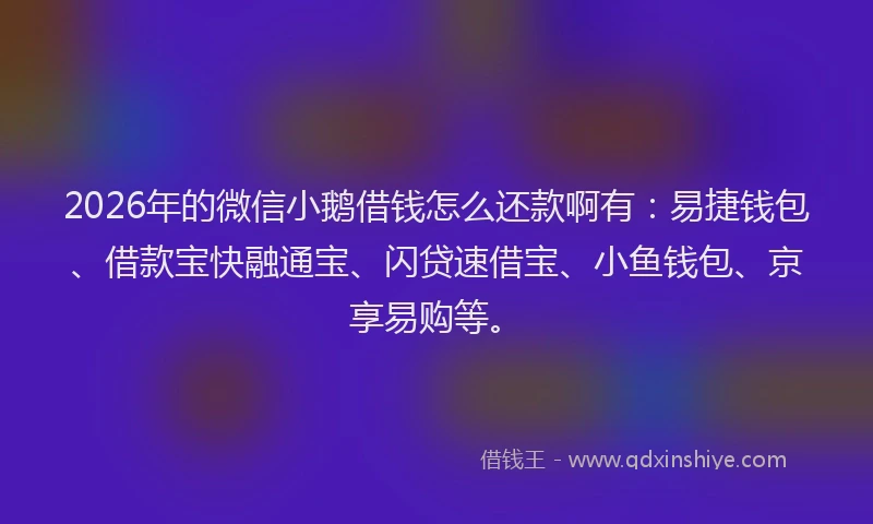 2026年的微信小鹅借钱怎么还款啊有：易捷钱包、借款宝快融通宝、闪贷速借宝、小鱼钱包、京享易购等。