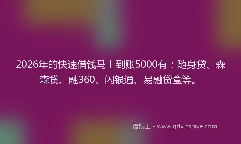 2026年的快速借钱马上到账5000有：随身贷、森森贷、融360、闪银通、易融贷盒等。