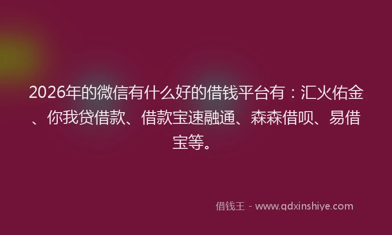 2026年的微信有什么好的借钱平台有：汇火佑金、你我贷借款、借款宝速融通、森森借呗、易借宝等。
