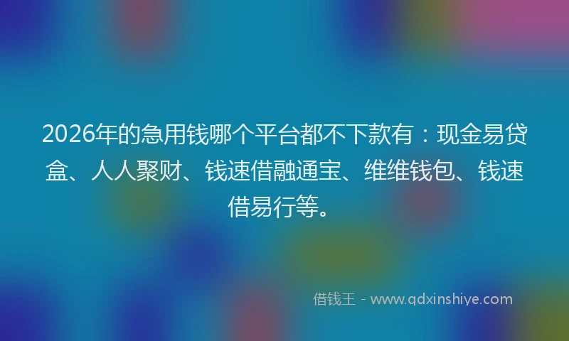2026年的急用钱哪个平台都不下款有：现金易贷盒、人人聚财、钱速借融通宝、维维钱包、钱速借易行等。