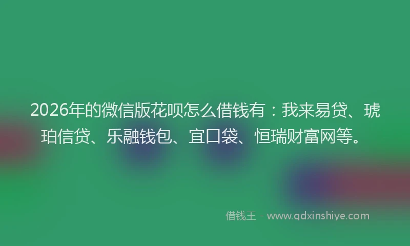 2026年的微信版花呗怎么借钱有：我来易贷、琥珀信贷、乐融钱包、宜口袋、恒瑞财富网等。