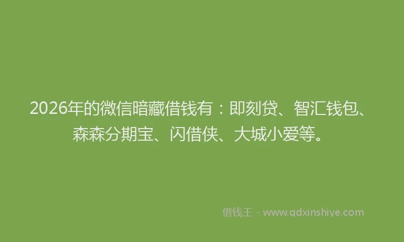 2026年的微信暗藏借钱有：即刻贷、智汇钱包、森森分期宝、闪借侠、大城小爱等。