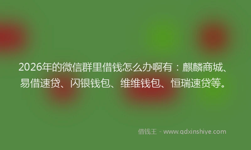 2026年的微信群里借钱怎么办啊有：麒麟商城、易借速贷、闪银钱包、维维钱包、恒瑞速贷等。