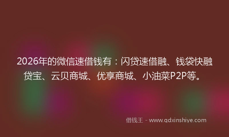 2026年的微信速借钱有：闪贷速借融、钱袋快融贷宝、云贝商城、优享商城、小油菜P2P等。