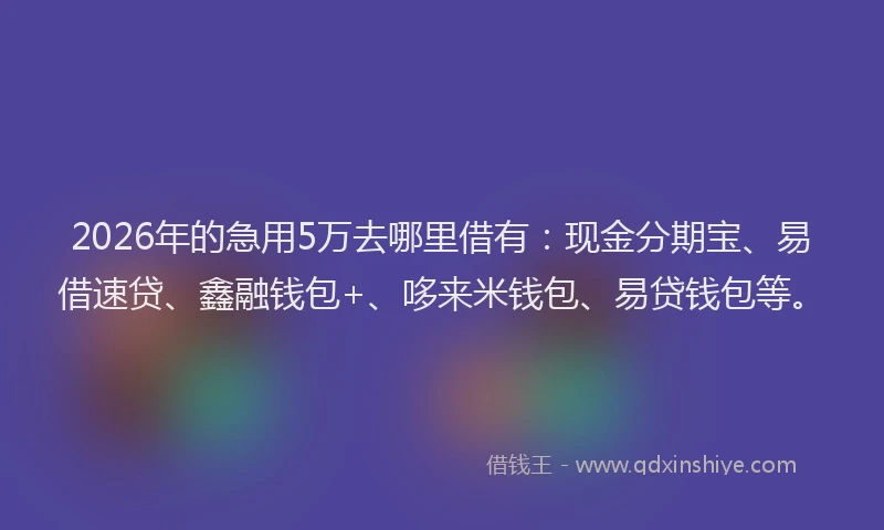 2026年的急用5万去哪里借有:现金分期宝、易借速贷、鑫融钱包+、哆来米钱包、易贷钱包等。