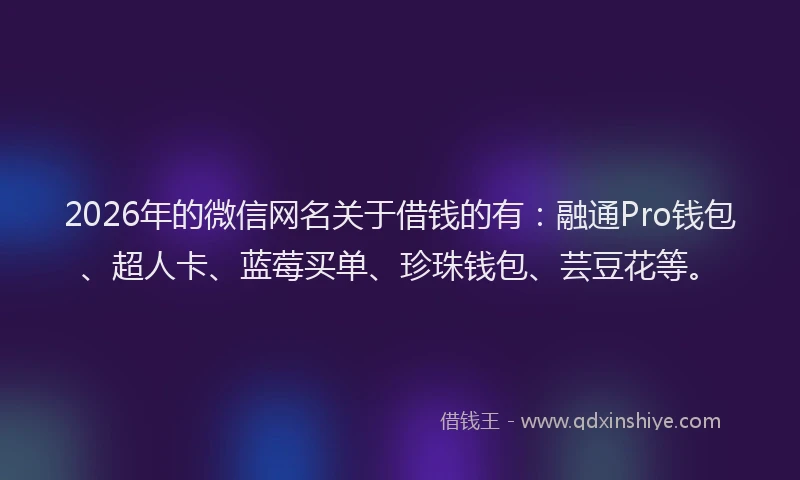 2026年的微信网名关于借钱的有：融通Pro钱包、超人卡、蓝莓买单、珍珠钱包、芸豆花等。
