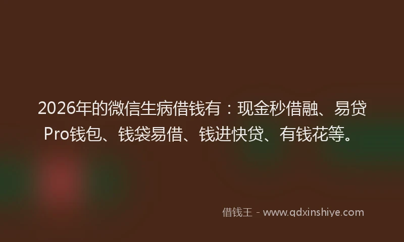 2026年的微信生病借钱有：现金秒借融、易贷Pro钱包、钱袋易借、钱进快贷、有钱花等。