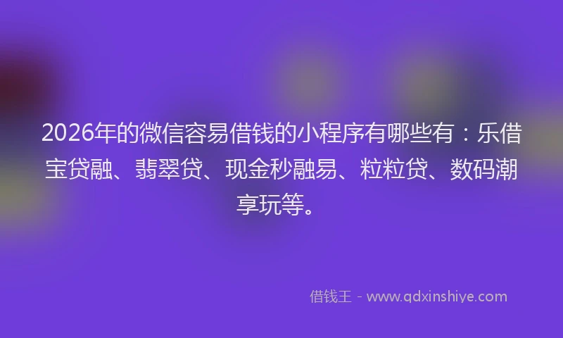 2026年的微信容易借钱的小程序有哪些有：乐借宝贷融、翡翠贷、现金秒融易、粒粒贷、数码潮享玩等。