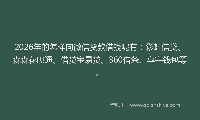 2026年的怎样向微信货款借钱呢有：彩虹信贷、森森花呗通、借贷宝易贷、360借条、享宇钱包等。